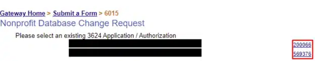 Form 6015 Nonprofit Database Change Request page showing existing 3624 authorization numbers to select