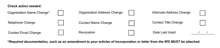 Paper Form 6015 Check action needed section with checkboxes for Organization Name Change, Organization Address Change, Telephone Change, Contact Name Change, and more