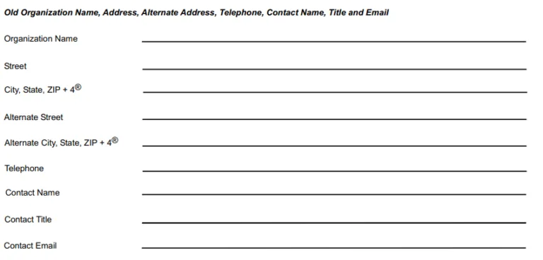 Paper Form 6015 showing fields for Old Organization Name, Street, City State ZIP, Alternate Street, Telephone, Contact Name, Contact Title, and Contact Email