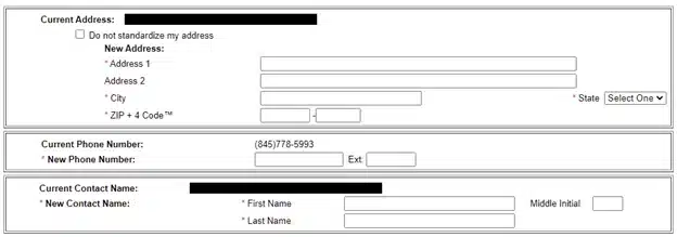 Form 6015 Specifics page showing fields for Current Address, New Address, Current Phone Number, and New Contact Name