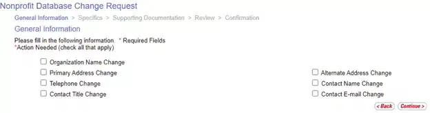 Nonprofit Database Change Request General Information page with checkboxes for Organization Name Change, Primary Address Change, Telephone Change, and more