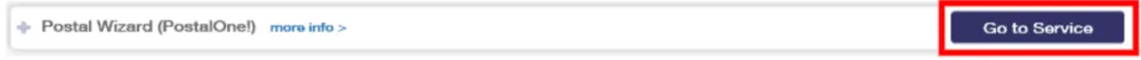 Postal Wizard (PostalOne!) service row with Go to Service button highlighted