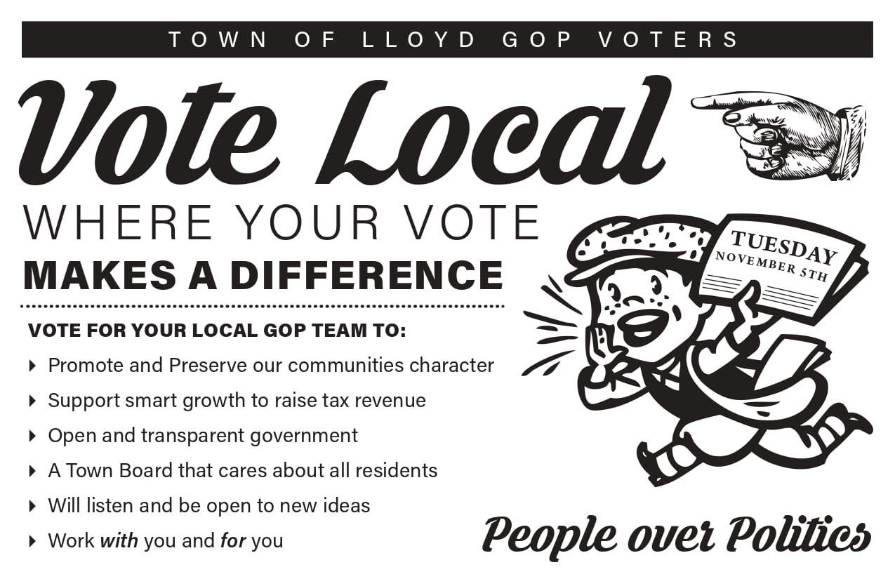 Political mail GOTV postcard urging Town of Lloyd GOP voters to vote local, featuring “Vote Local” headline, election date reminder, and list of community-focused pledges promoting people over politics.