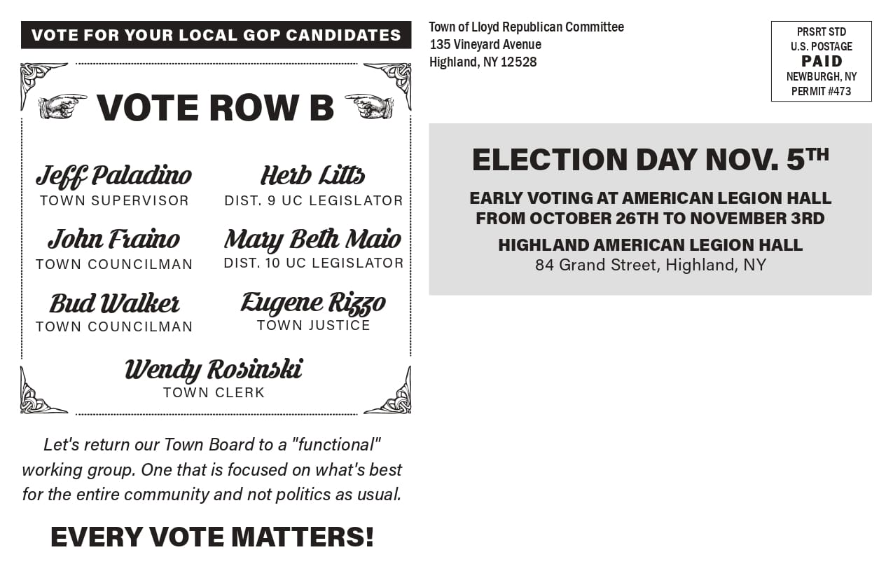 Political mail GOTV postcard featuring Town of Lloyd Republican Committee candidates and Election Day reminder—Vote Row B message encouraging early voting and community-focused leadership.