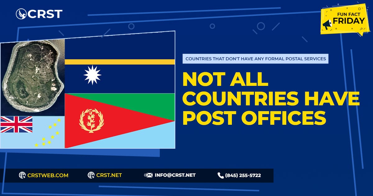 Map highlighting Eritrea, Nauru, and Tuvalu—countries without formal postal services