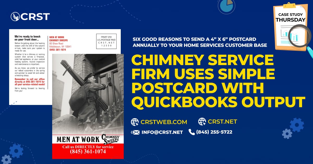 Sample 4x6 postcard used by chimney service company for annual customer outreach using QuickBooks data.
