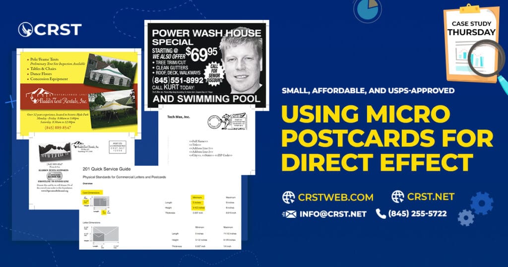 Example of micro postcards, the smallest USPS-approved size, used for direct mail marketing campaigns like sales, events, and local services.